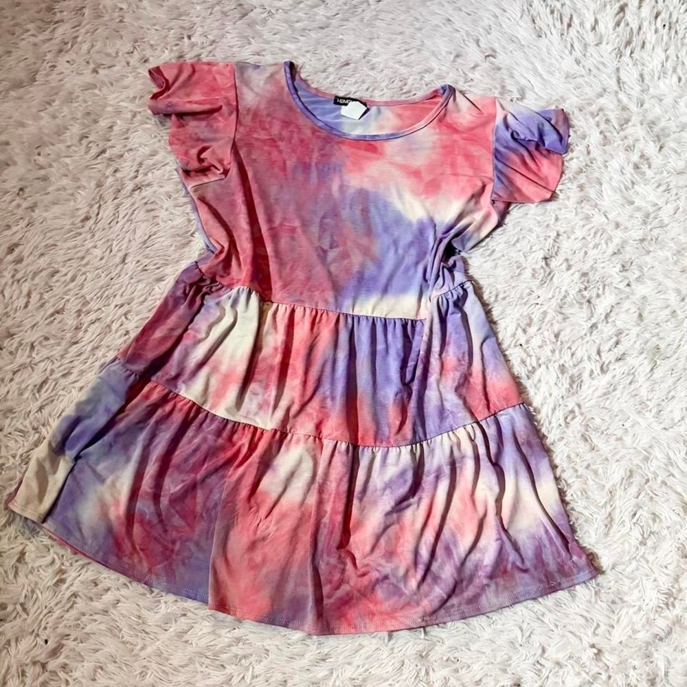 Watercolor Kidcore Girlie Tie Dye Tiered Slinky Whimsical Ruffle Dress Womens L